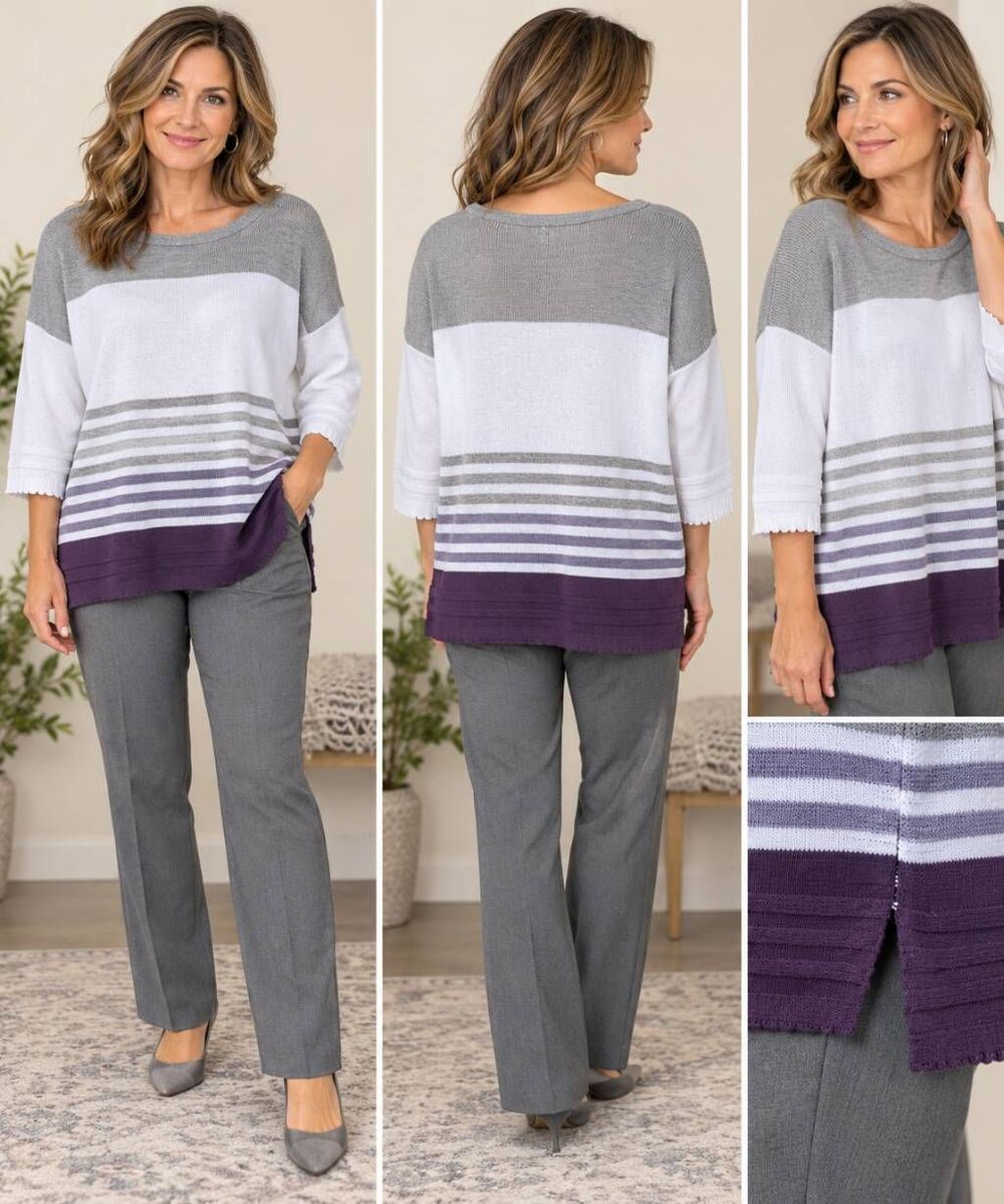 Chico’s Size 3 (XL)Colorblock Striped Sweater Gray Off White Purple Cotton Blend